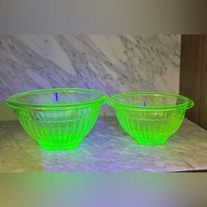 Set of Two Vintage Green Uranium Glass Mixing Bowls